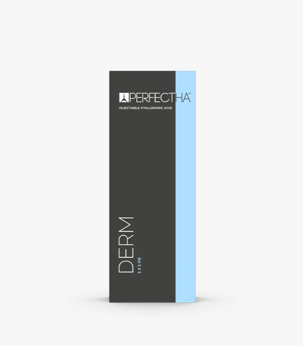 Close-up de um frasco de Ácido Hialurônico Sinclair Perfectha Derm 1ml para uso em tratamentos estéticos.